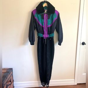 Obermeyer Retro Vtg Ski Suit Women's 8 Snowsuit One Piece  snow Bib fur collar